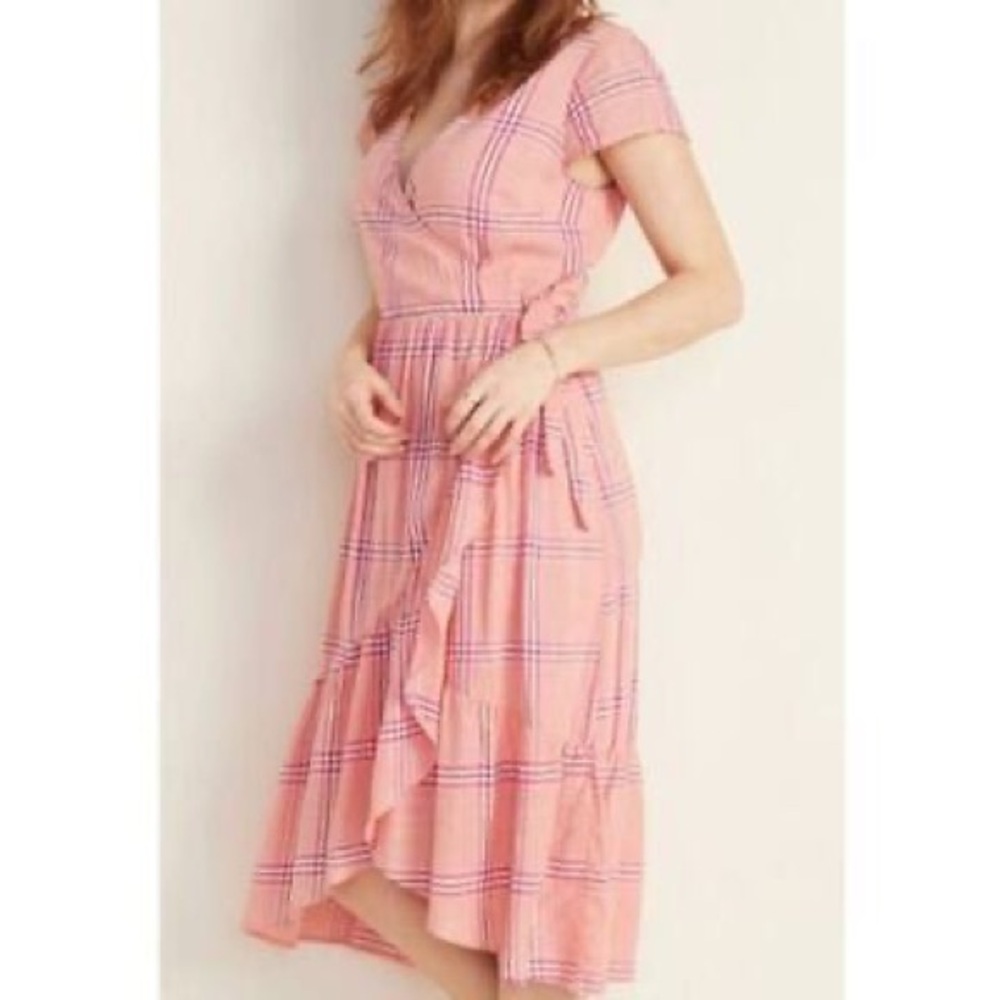 Old Navy Pink Plaid Tiered Wrap V Neck Short Sleeve Prairie Dress